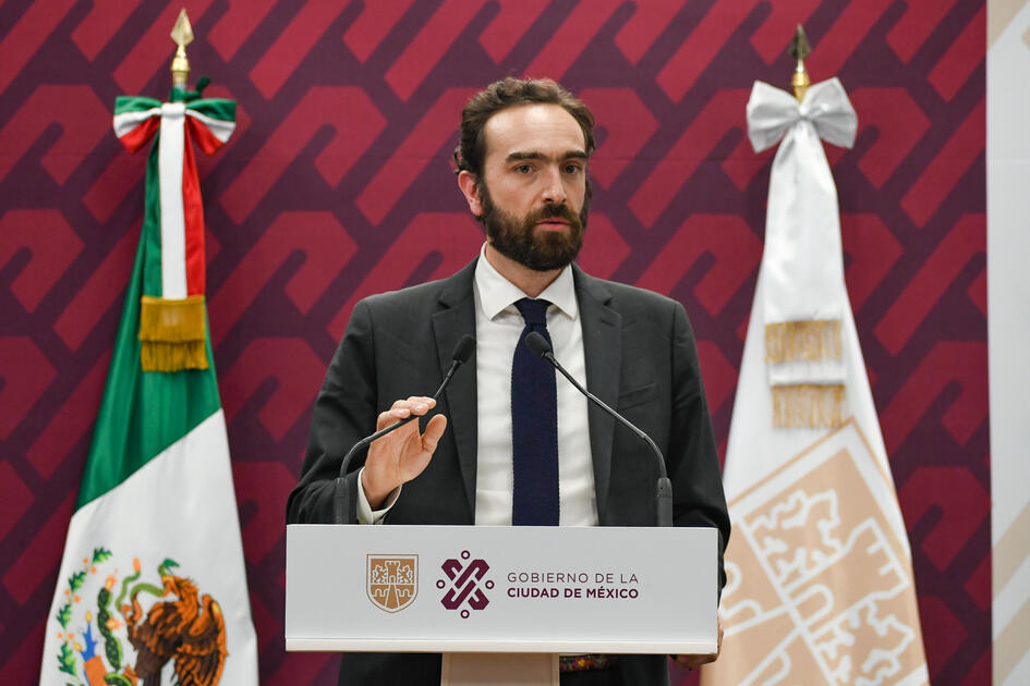 Andrés Lajous Loaeza, secretario de Movilidad, durante conferencia de prensa. Junio 2022.
